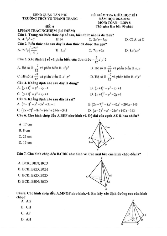 Đề thi Giữa kì 1 Toán 8 năm 2023-2024 trường THCS Võ Thành Trang (Tp. HCM)