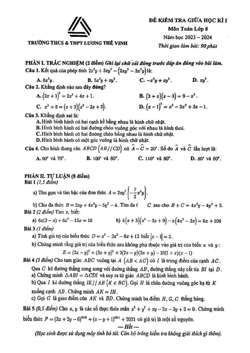 Đề thi Giữa kì 1 Toán 8 năm 2023-2024 trường Lương Thế Vinh – Hà Nội
