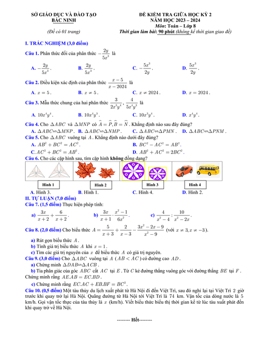 Đề thi Giữa kì 2 Toán 8 năm 2023-2024 sở GD&ĐT Bắc Ninh