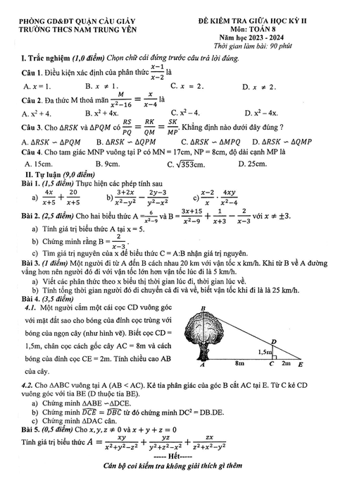 Đề thi Giữa kì 2 Toán 8 năm 2023-2024 trường THCS Nam Trung Yên – Hà Nội