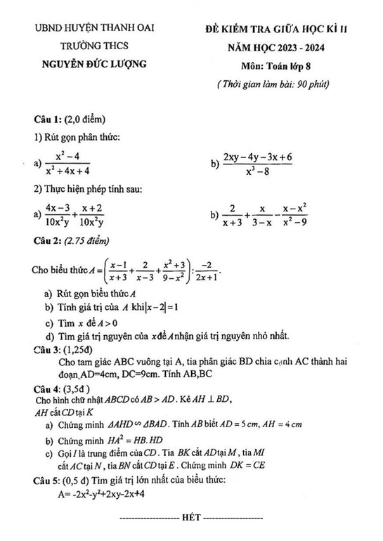 Đề thi Giữa kì 2 Toán 8 năm 2023-2024 trường THCS Nguyễn Đức Lượng – Hà Nội
