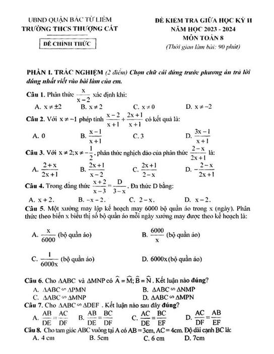 Đề thi Giữa kì 2 Toán 8 năm 2023-2024 trường THCS Thượng Cát – Hà Nội