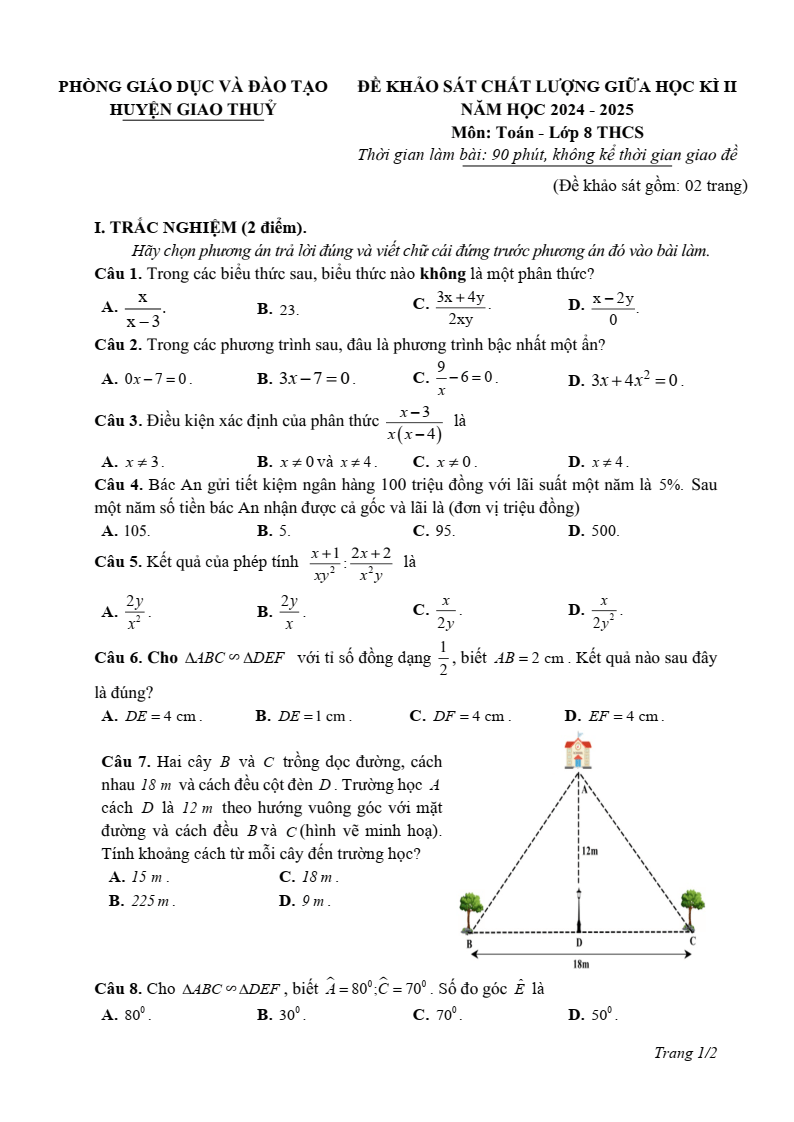 Đề thi Giữa kì 2 Toán 8 phòng GD&ĐT Giao Thủy (Nam Định) năm 2024-2025