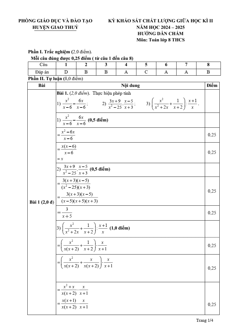 Đề thi Giữa kì 2 Toán 8 phòng GD&ĐT Giao Thủy (Nam Định) năm 2024-2025