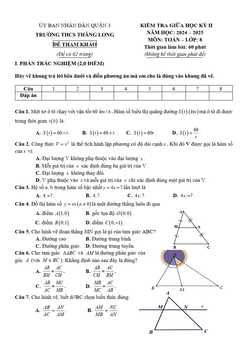 Đề thi Giữa kì 2 Toán 8 phòng GD&ĐT Quận 3 (Tp.HCM) năm 2024-2025