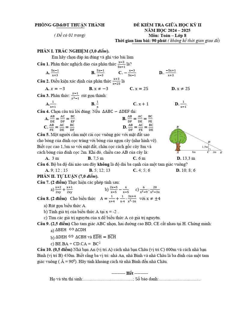 Đề thi Giữa kì 2 Toán 8 phòng GD&ĐT Thuận Thành (Bắc Ninh) năm 2024-2025