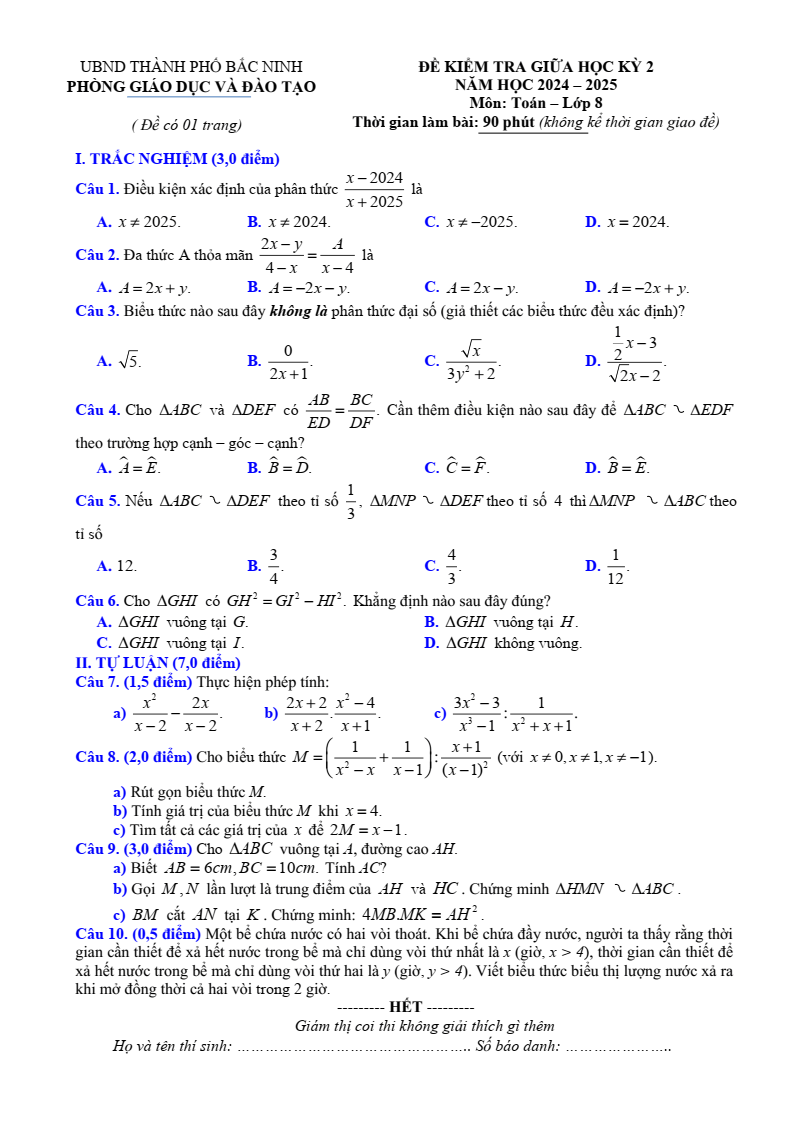 Đề thi Giữa kì 2 Toán 8 phòng GD&ĐT thành phố Bắc Ninh năm 2024-2025
