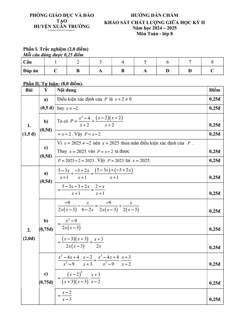 Đề thi Giữa kì 2 Toán 8 phòng GD&ĐT Xuân Trường (Nam Định) năm 2024-2025