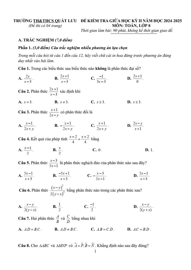 Đề thi Giữa kì 2 Toán 8 trường TH&THCS Quất Lưu (Vĩnh Phúc) năm 2024-2025