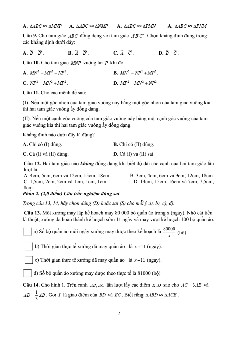 Đề thi Giữa kì 2 Toán 8 trường TH&THCS Quất Lưu (Vĩnh Phúc) năm 2024-2025