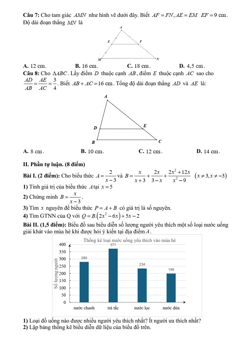 Đề thi Giữa kì 2 Toán 8 trường THCS Ái Mộ (Hà Nội) năm 2024-2025