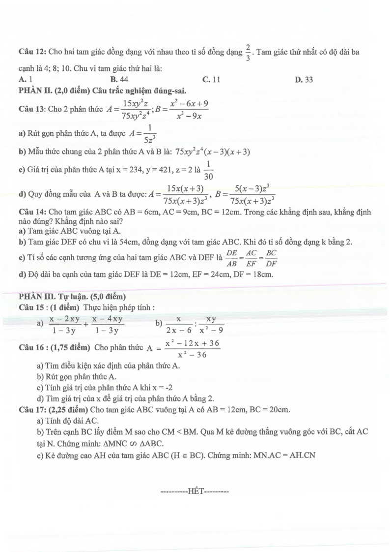 Đề thi Giữa kì 2 Toán 8 trường THCS Chu Văn An (Bình Dương) năm 2024-2025