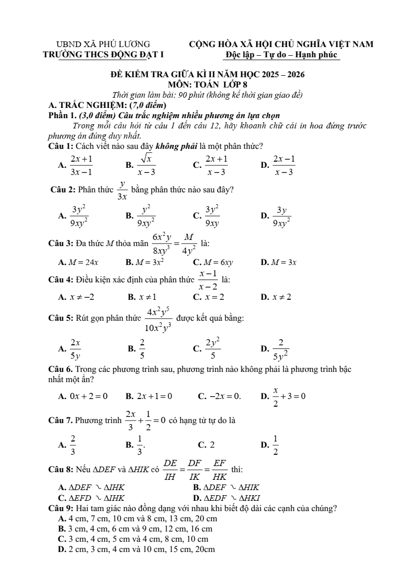 Đề thi Giữa kì 2 Toán 8 trường THCS Động Đạt I (Thái Nguyên) năm 2025-2026