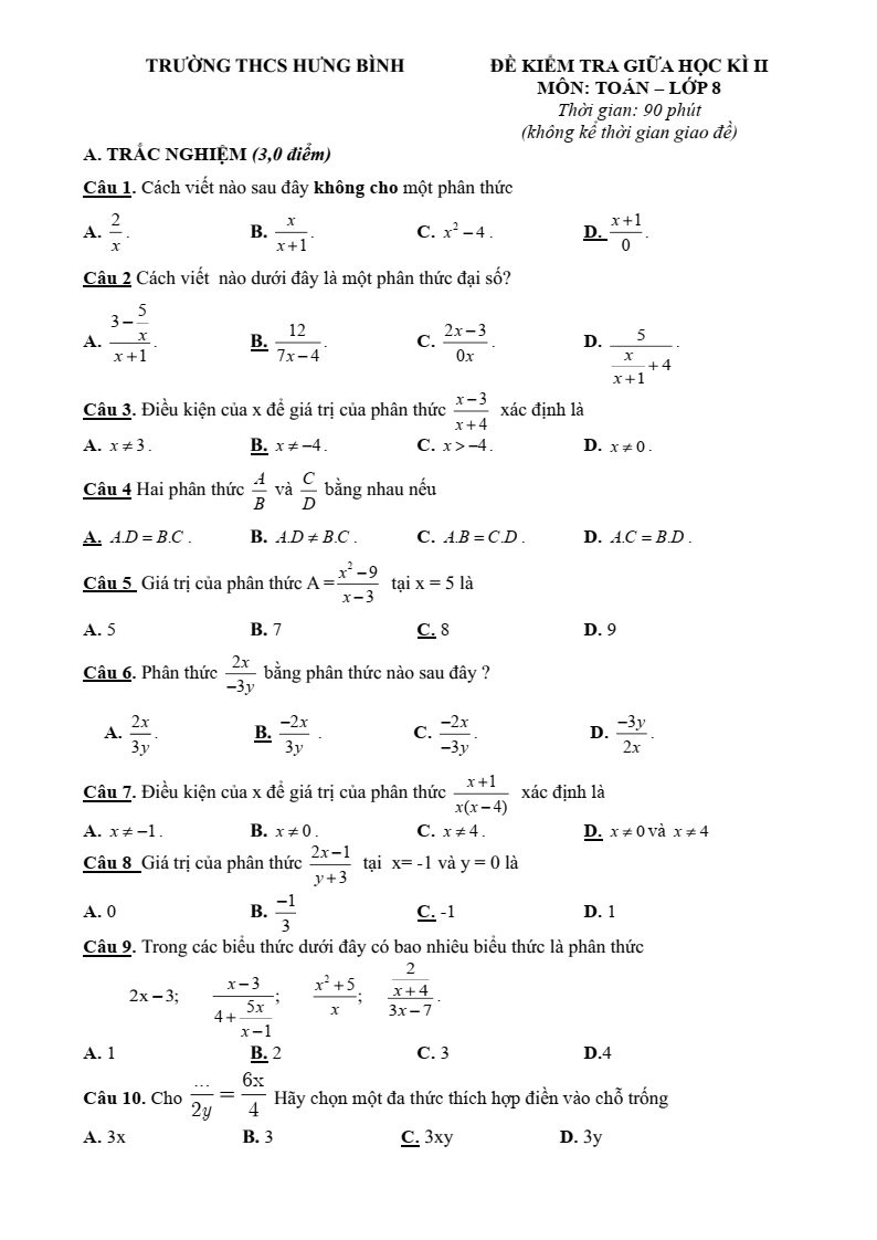 Đề thi Giữa kì 2 Toán 8 trường THCS Hưng Bình (Nghệ An) năm 2024-2025