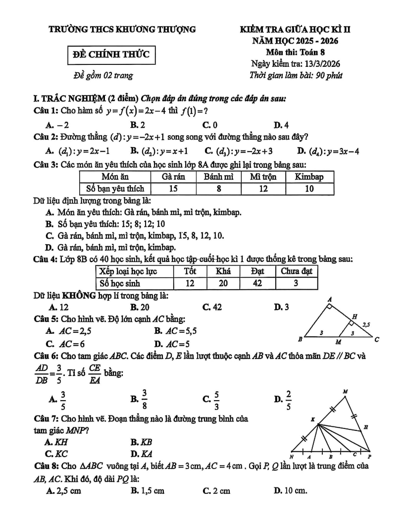 Đề thi Giữa kì 2 Toán 8 trường THCS Khương Thượng (Hà Nội) năm 2025-2026