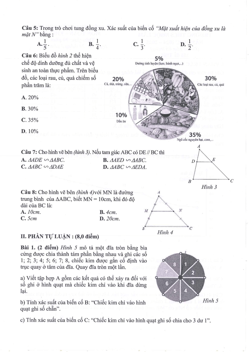 Đề thi Giữa kì 2 Toán 8 trường THCS Ngọc Lâm (Hà Nội) năm 2024-2025