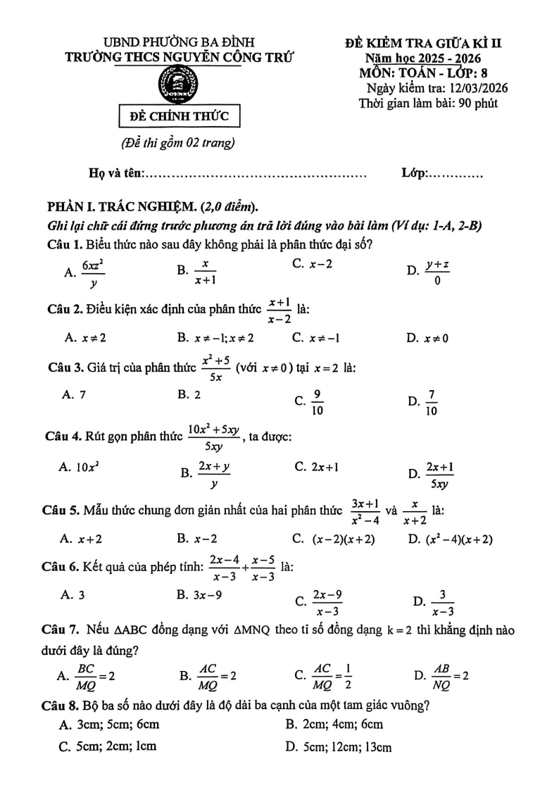 Đề thi Giữa kì 2 Toán 8 trường THCS Nguyễn Công Trứ (Hà Nội) năm 2025-2026