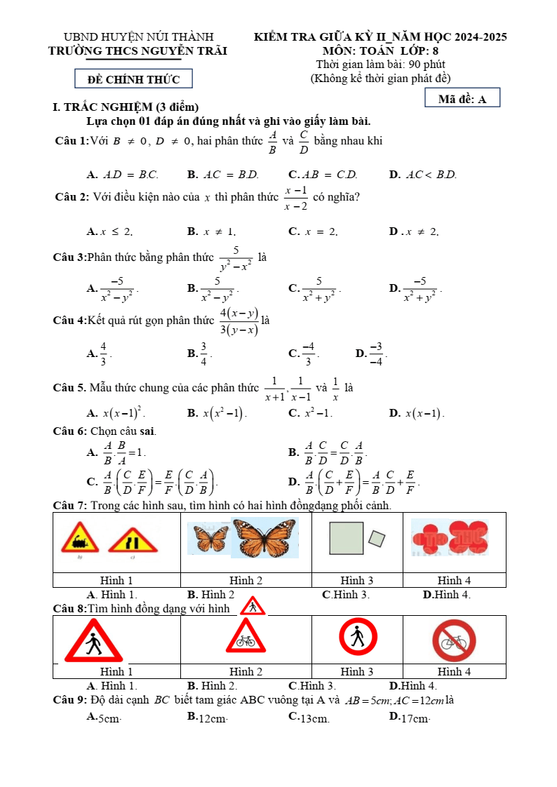 Đề thi Giữa kì 2 Toán 8 trường THCS Nguyễn Trãi (Quảng Nam) năm 2024-2025