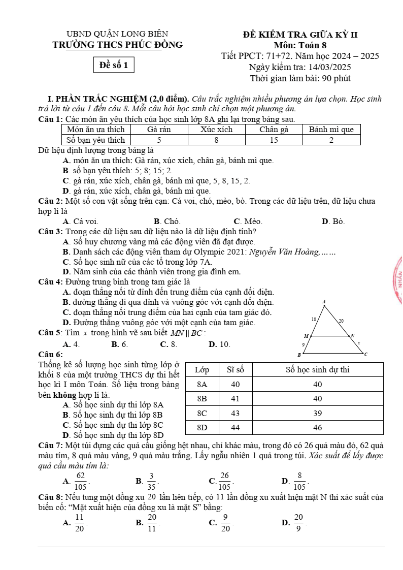 Đề thi Giữa kì 2 Toán 8 trường THCS Phúc Đồng (Hà Nội) năm 2024-2025