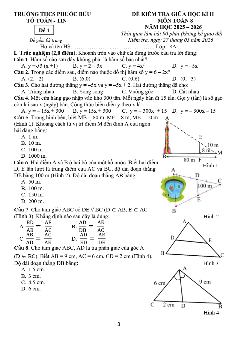 Đề thi Giữa kì 2 Toán 8 trường THCS Phước Bửu (TP HCM) năm 2025-2026