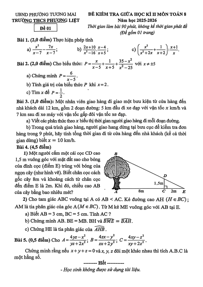 Đề thi Giữa kì 2 Toán 8 trường THCS Phương Liệt (Hà Nội) năm 2025-2026