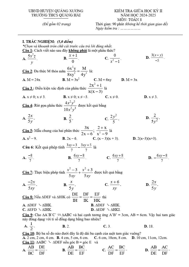 Đề thi Giữa kì 2 Toán 8 trường THCS Quảng Hải (Thanh Hóa) năm 2024-2025