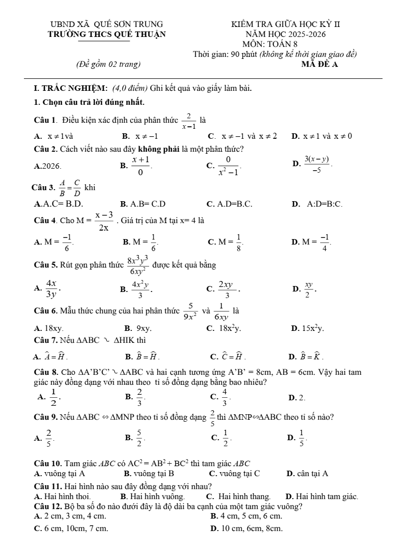 Đề thi Giữa kì 2 Toán 8 trường THCS Quế Thuận (Đà Nẵng) năm 2025-2026