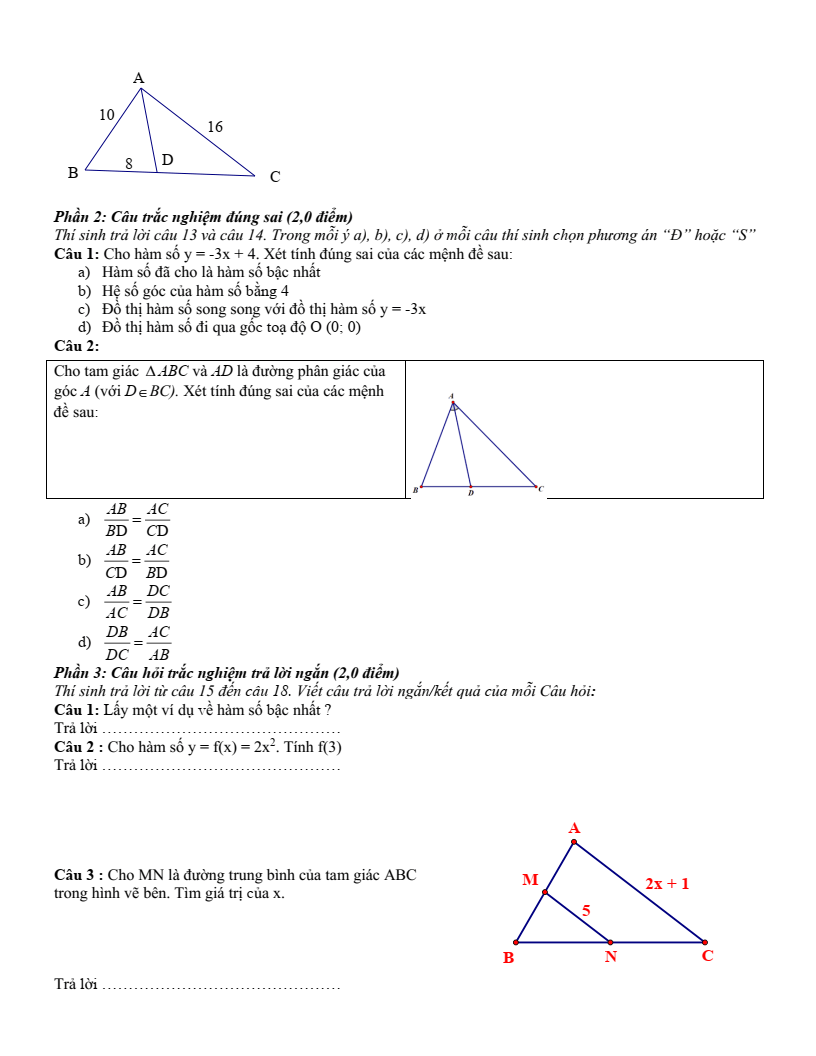 Đề thi Giữa kì 2 Toán 8 trường THCS&THPT Bác Ái (Ninh Thuận) năm 2024-2025