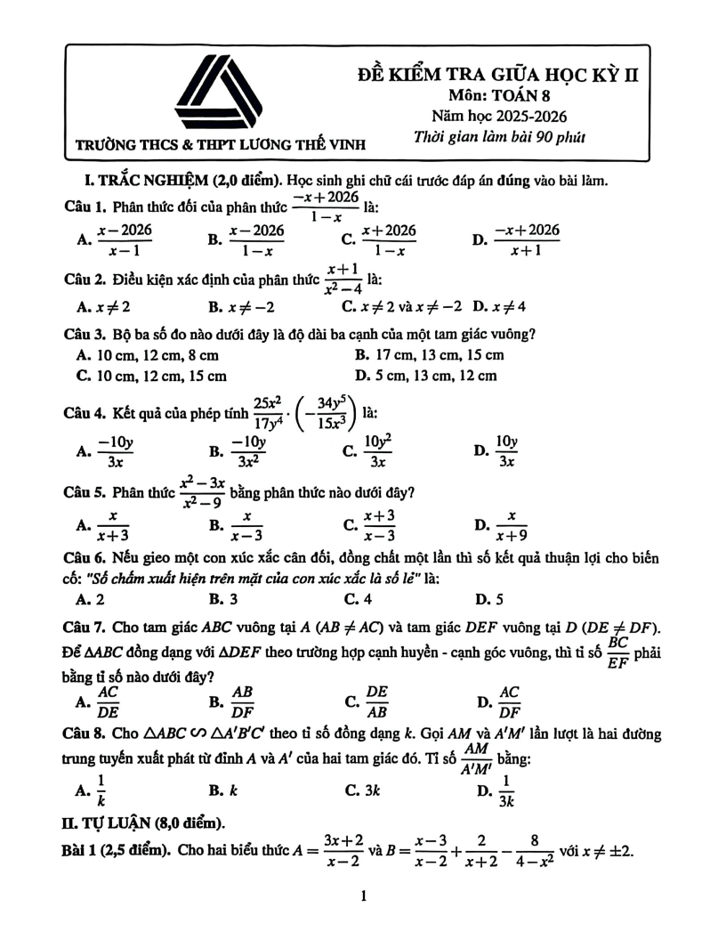 Đề thi Giữa kì 2 Toán 8 trường THCS&THPT Lương Thế Vinh (Hà Nội) năm 2025-2026