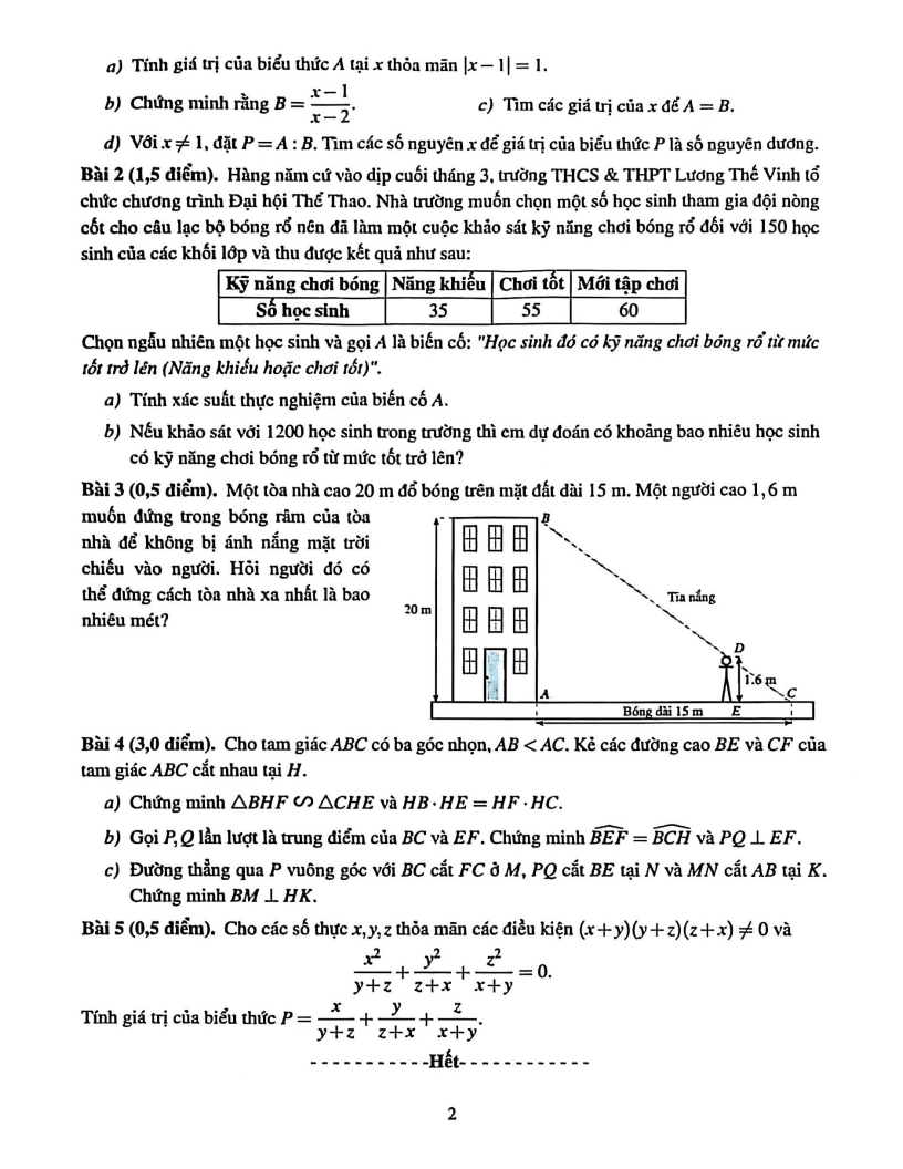 Đề thi Giữa kì 2 Toán 8 trường THCS&THPT Lương Thế Vinh (Hà Nội) năm 2025-2026