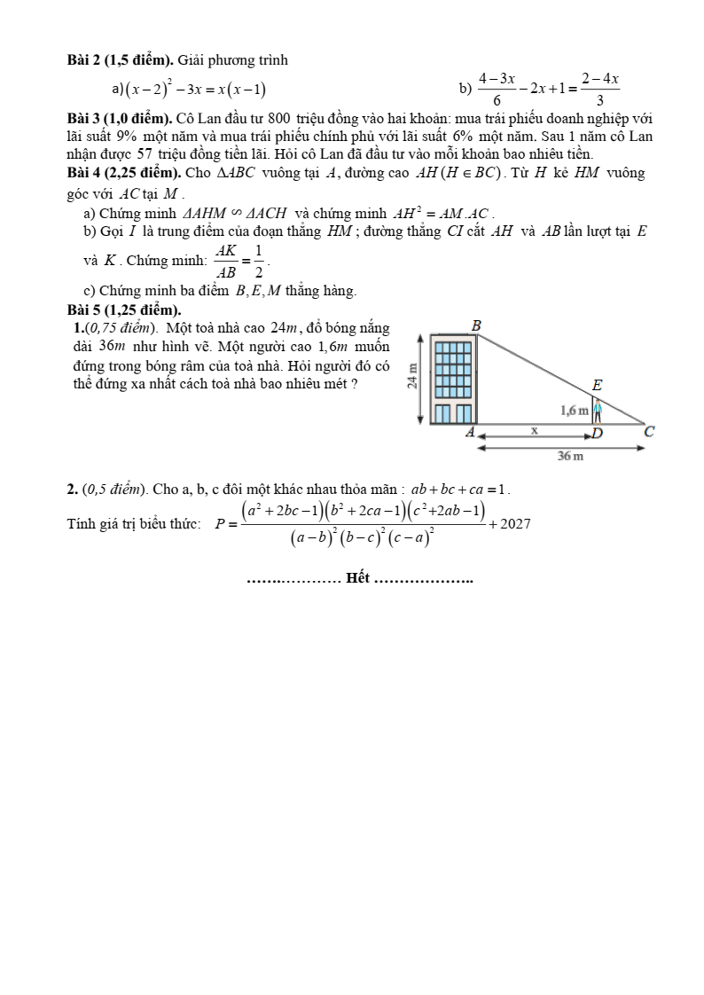 Đề thi Giữa kì 2 Toán 8 trường THCS Trần Bích San (Ninh Bình) năm 2025-2026