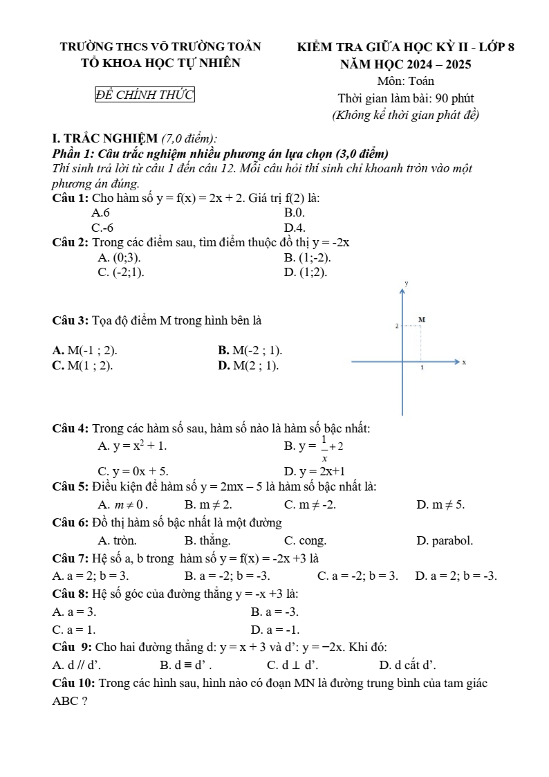 Đề thi Giữa kì 2 Toán 8 trường THCS Võ Trường Toản (Bà Rịa - Vũng Tàu) năm 2024-2025
