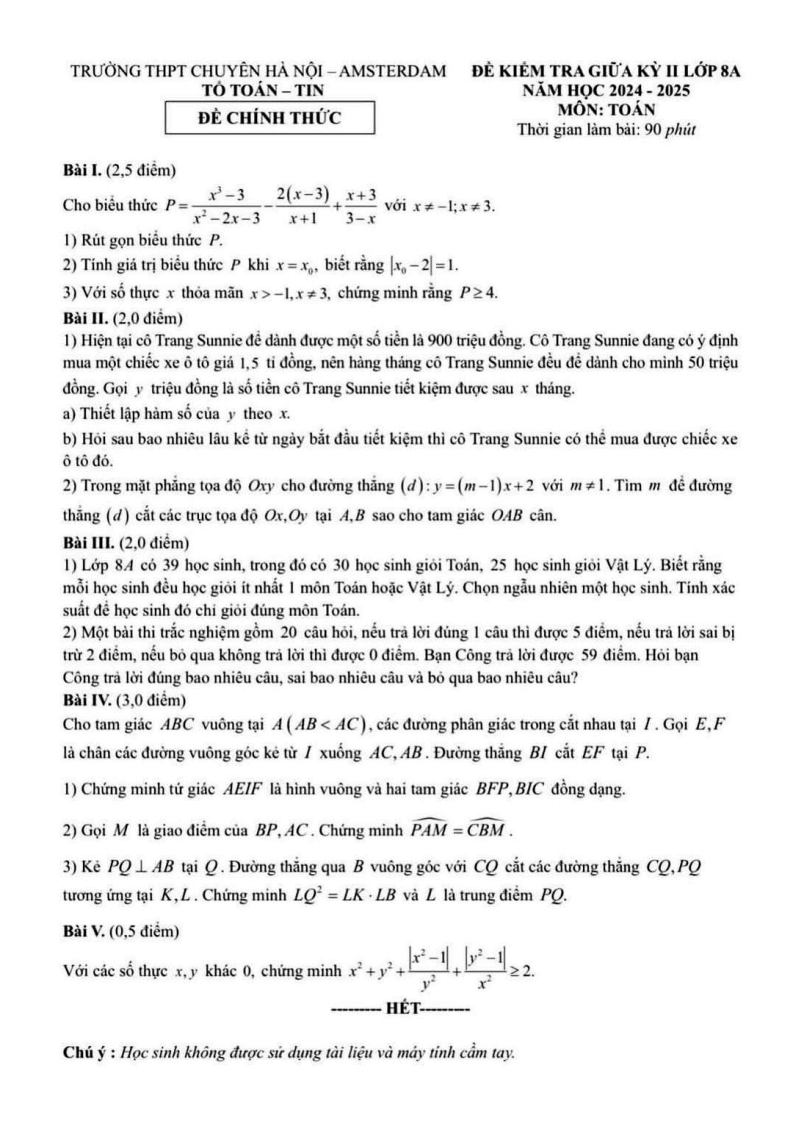 Đề thi Giữa kì 2 Toán 8 trường THPT chuyên Hà Nội - Amsterdam năm 2024-2025