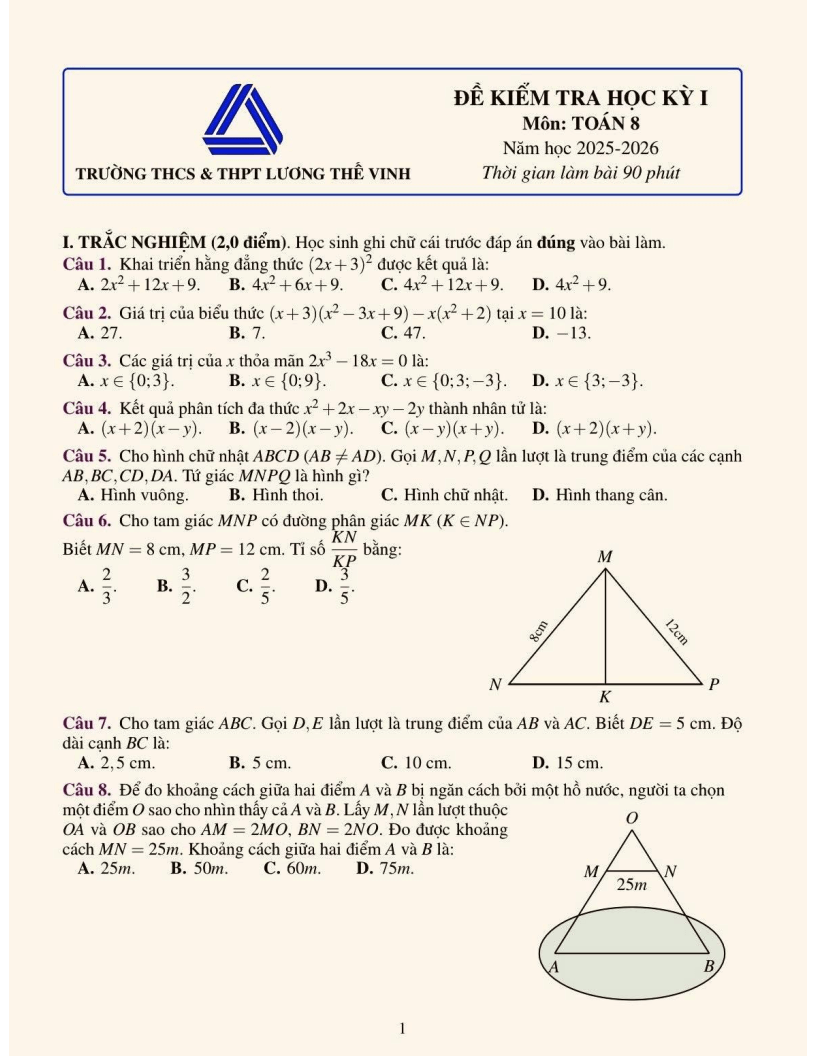 Đề thi Học kì 1 Toán 8 trường Lương Thế Vinh năm 2025-2026