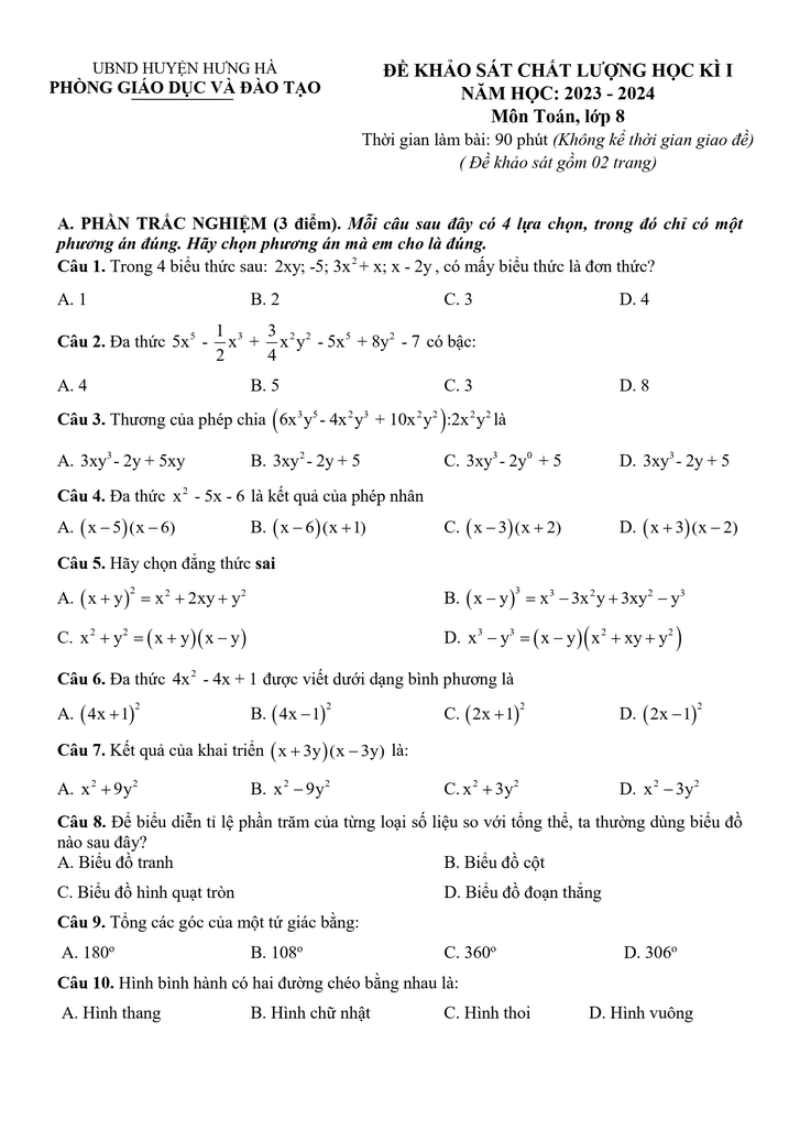 Đề thi Học kì 1 Toán 8 năm 2023-2024 phòng GD&ĐT Hưng Hà – Thái Bình