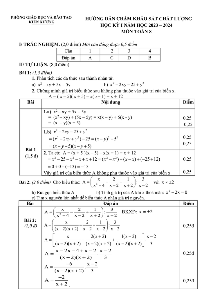 Đề thi Học kì 1 Toán 8 năm 2023-2024 phòng GD&ĐT Kiến Xương – Thái Bình
