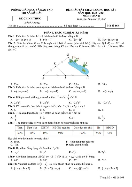 Đề thi Học kì 1 Toán 8 năm 2023-2024 phòng GD&ĐT Mỹ Hào (Hưng Yên)