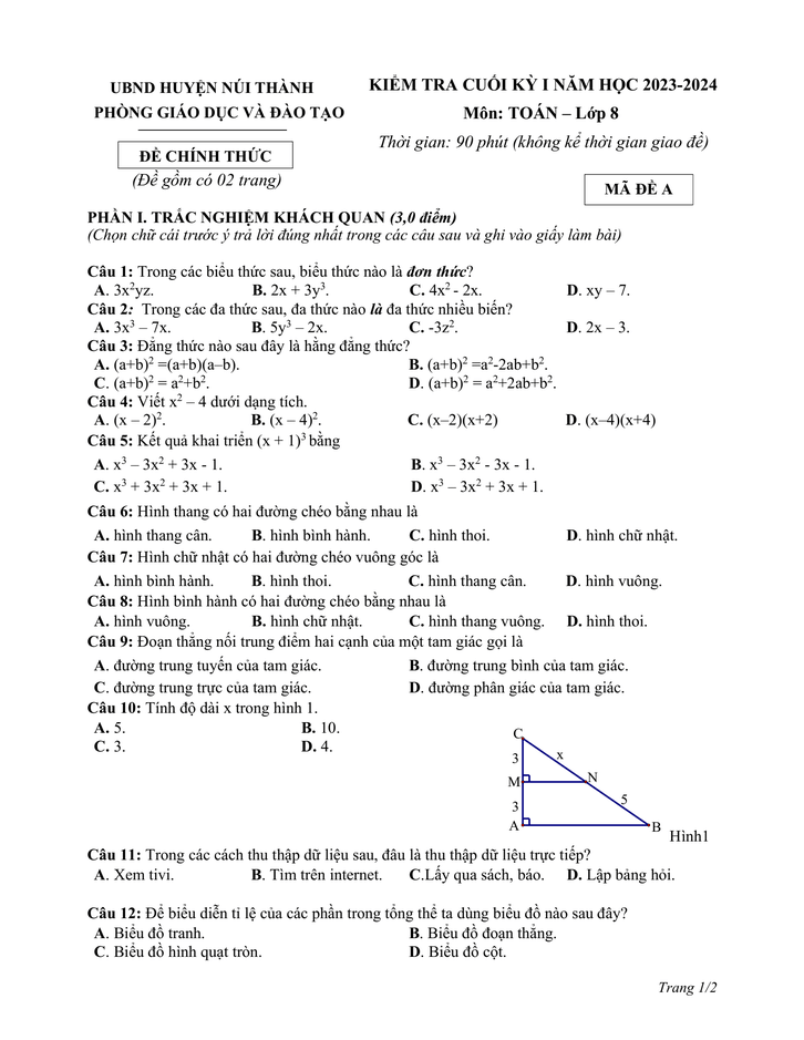 Đề thi Học kì 1 Toán 8 năm 2023-2024 phòng GD&ĐT Núi Thành – Quảng Nam