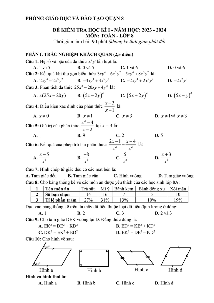 Đề thi Học kì 1 Toán 8 năm 2023-2024 phòng GD&ĐT quận 8 (Tp. HCM)