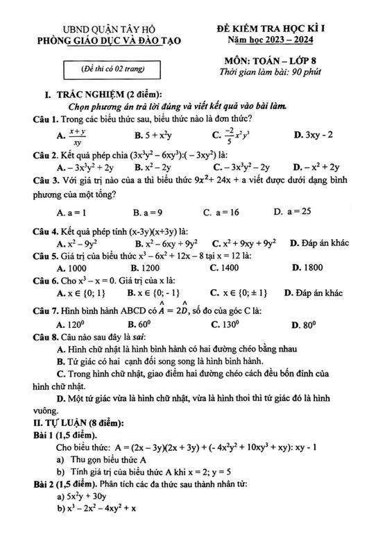 Đề thi Học kì 1 Toán 8 năm 2023-2024 phòng GD&ĐT Tây Hồ – Hà Nội
