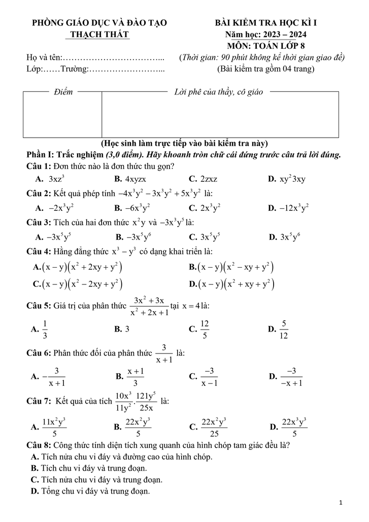 Đề thi Học kì 1 Toán 8 năm 2023-2024 phòng GD&ĐT Thạch Thất – Hà Nội