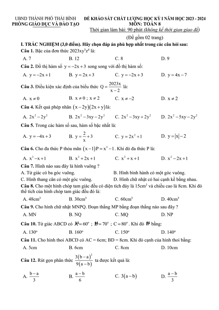Đề thi Học kì 1 Toán 8 năm 2023-2024 phòng GD&ĐT thành phố Thái Bình