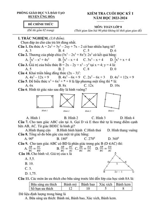 Đề thi Học kì 1 Toán 8 năm 2023-2024 phòng GD&ĐT Ứng Hòa – Hà Nội