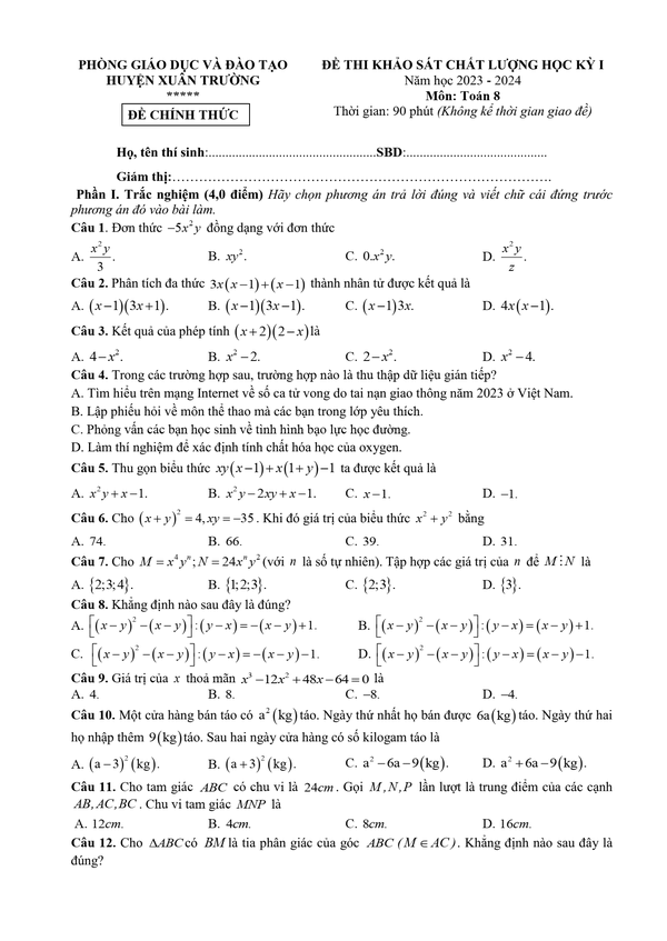 Đề thi Học kì 1 Toán 8 năm 2023-2024 phòng GD&ĐT Xuân Trường – Nam Định