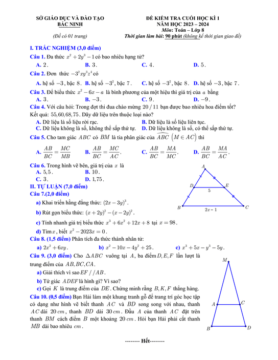 Đề thi Học kì 1 Toán 8 năm 2023-2024 sở GD&ĐT Bắc Ninh