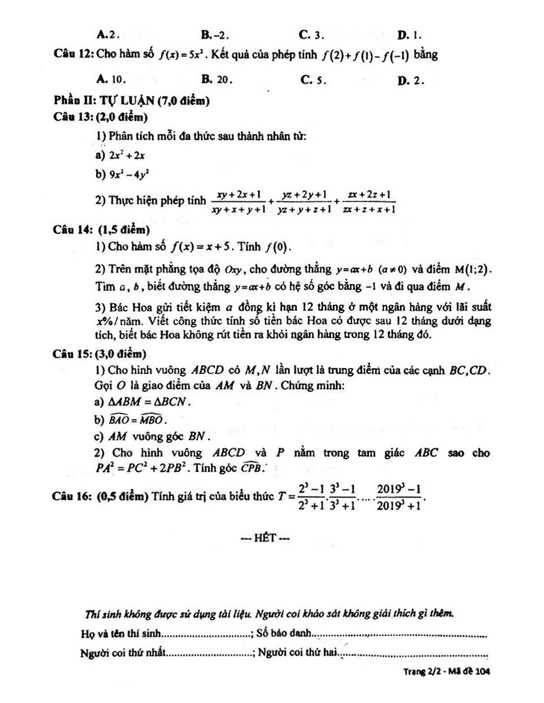 Đề thi Học kì 1 Toán 8 năm 2023-2024 sở GD&ĐT Hà Nam