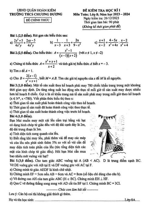 Đề thi Học kì 1 Toán 8 năm 2023-2024 trường THCS Chương Dương – Hà Nội