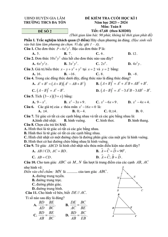 Đề thi Học kì 1 Toán 8 năm 2023-2024 trường THCS Đa Tốn – Hà Nội