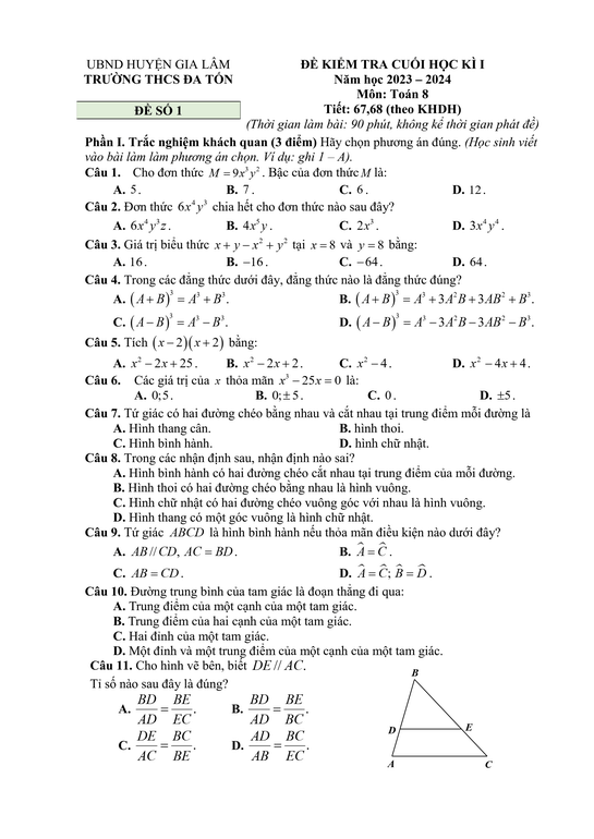 Đề thi Học kì 1 Toán 8 năm 2023-2024 trường THCS Đa Tốn – Hà Nội
