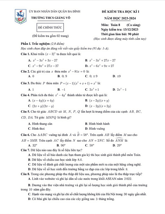 Đề thi Học kì 1 Toán 8 năm 2023-2024 trường THCS Giảng Võ – Hà Nội